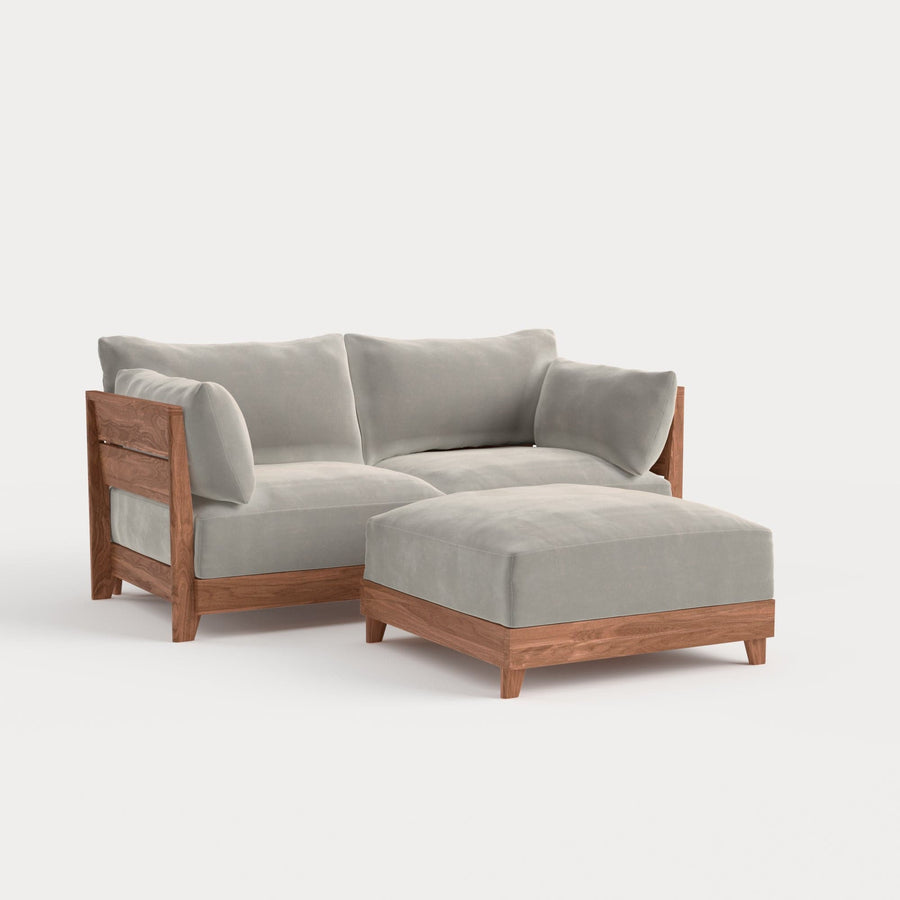 Modular Teak Outdoor Loveseat + Ottoman | Plush Velvet in Silk