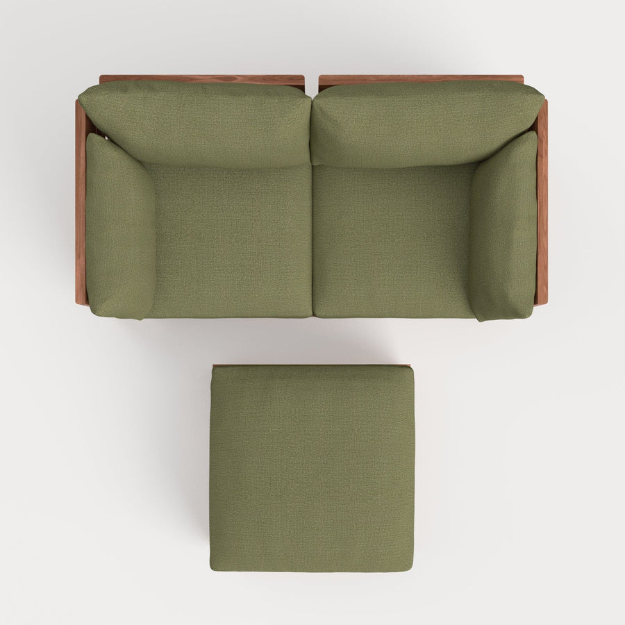 Modular Teak Outdoor Loveseat + Ottoman | Sun Crossweave in Olivine