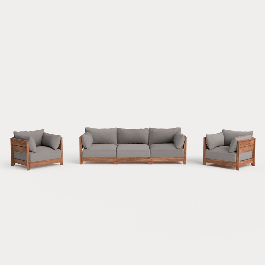Modular Teak Outdoor Sofa + Armchair Set | Nano Slubweave in Haze Gray