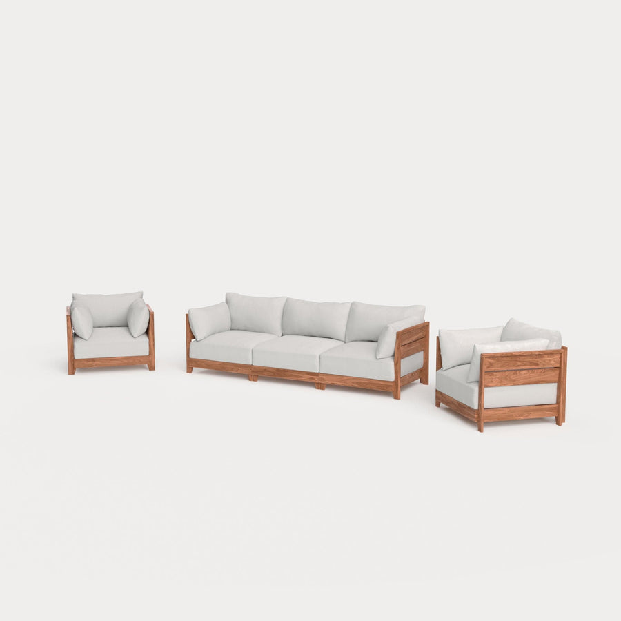 Modular Teak Outdoor Sofa + Armchair Set | Nano Slubweave in Mist