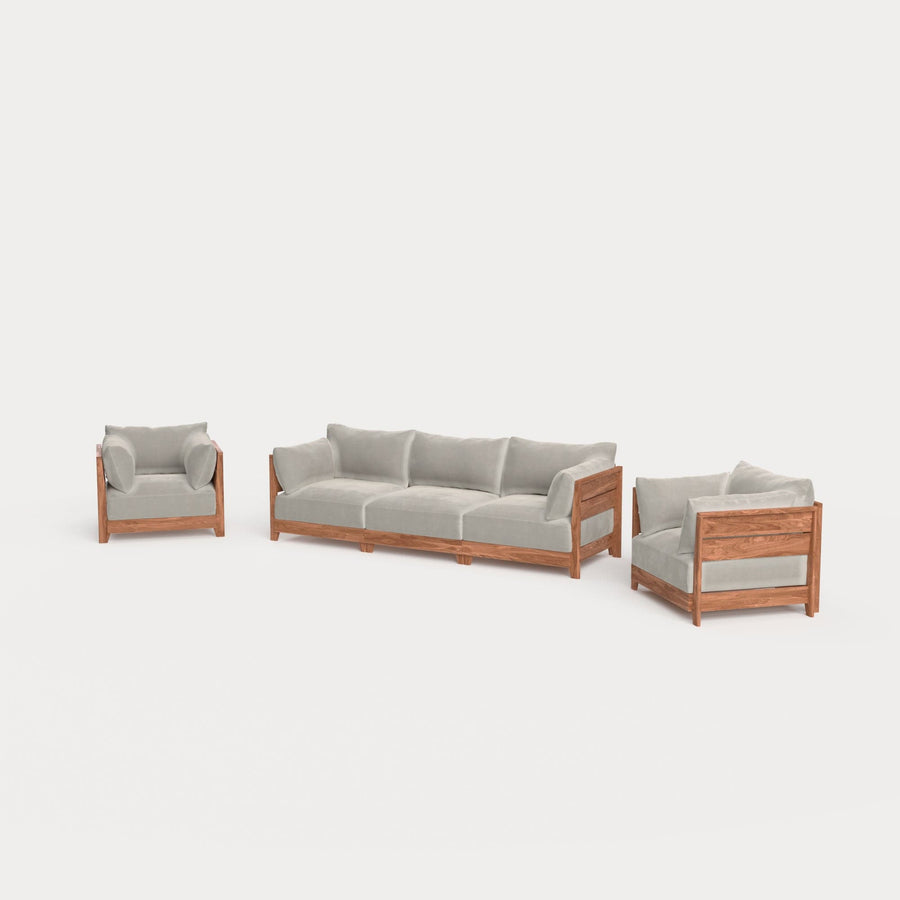 Modular Teak Outdoor Sofa + Armchair Set | Plush Velvet in Silk
