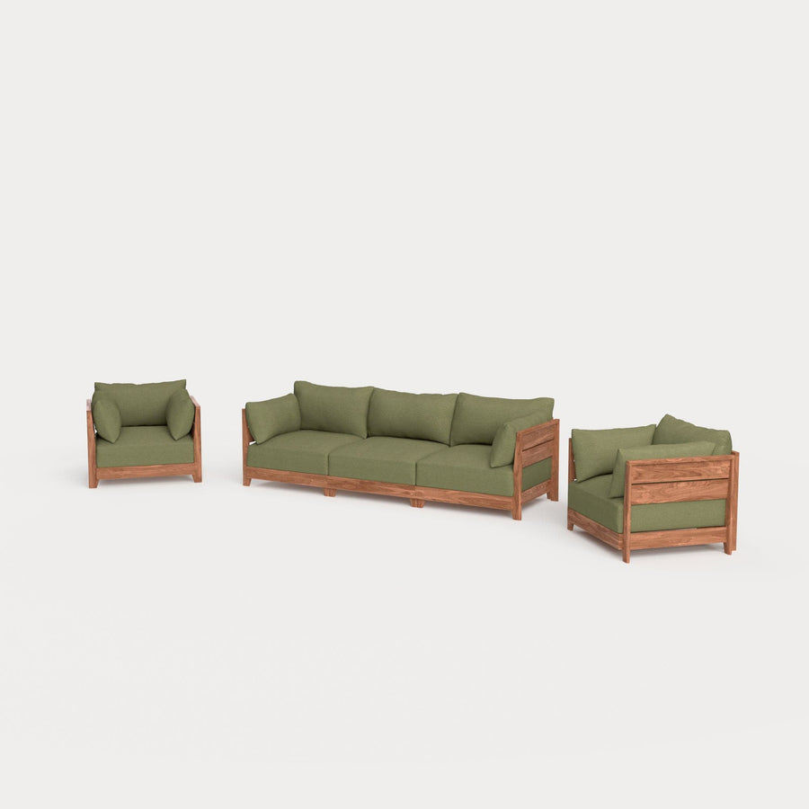 Modular Teak Outdoor Sofa + Armchair Set | Sun Crossweave in Olivine