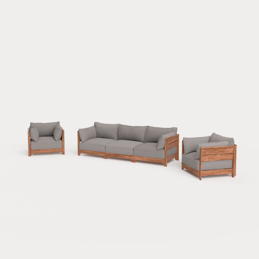 Modular Teak Outdoor Sofa + Armchair Set | Nano Slubweave in Haze Gray