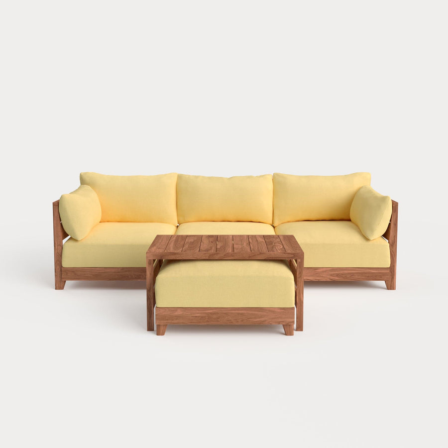 Dwell™ Modular Teak Outdoor Sofa with Ottoman + Side Table  | Classic Canvas in Sun
