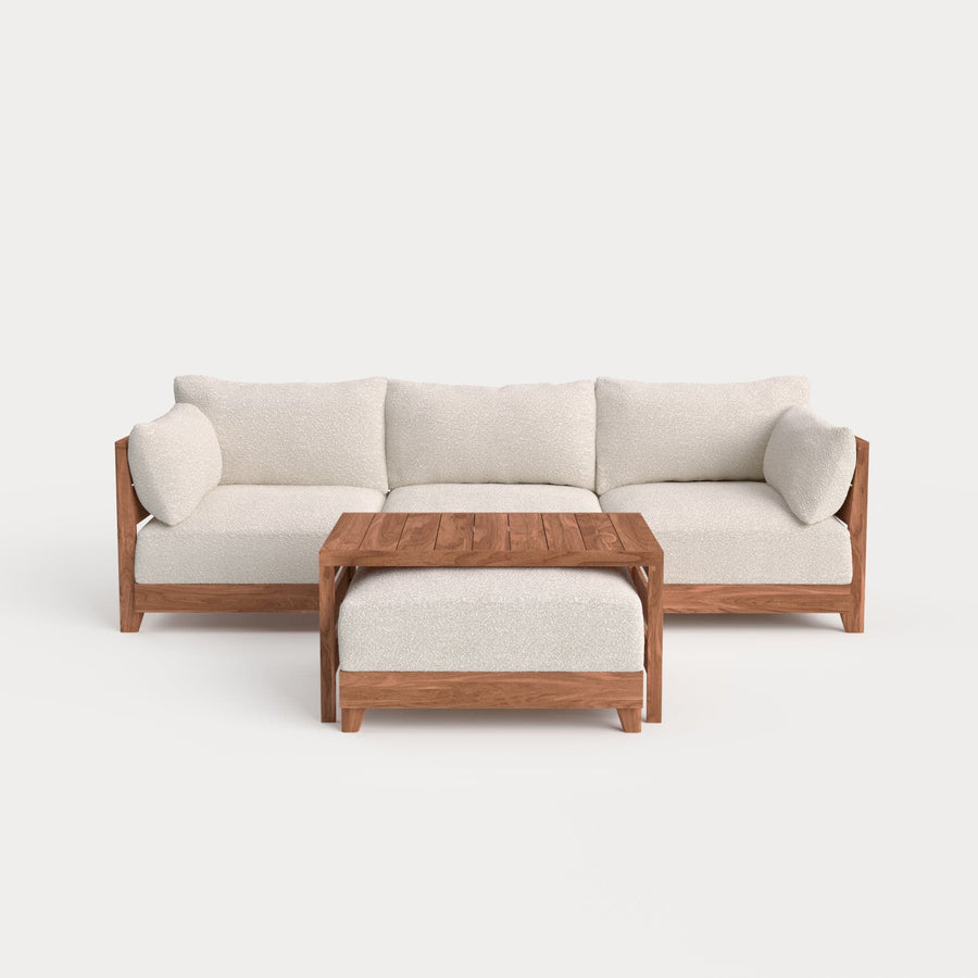 Modular Teak Outdoor Sofa with Ottoman + Side Table  | Alfresco Boucle in Creme