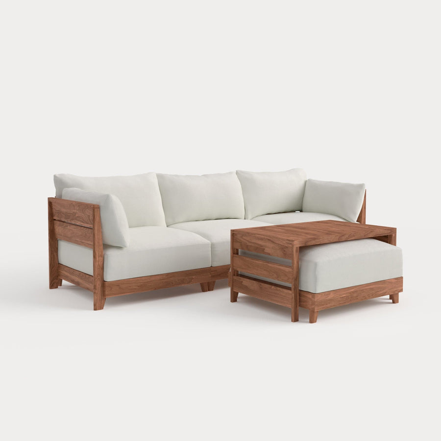 Dwell™ Modular Teak Outdoor Sofa with Ottoman + Side Table  | Classic Canvas in Cloud
