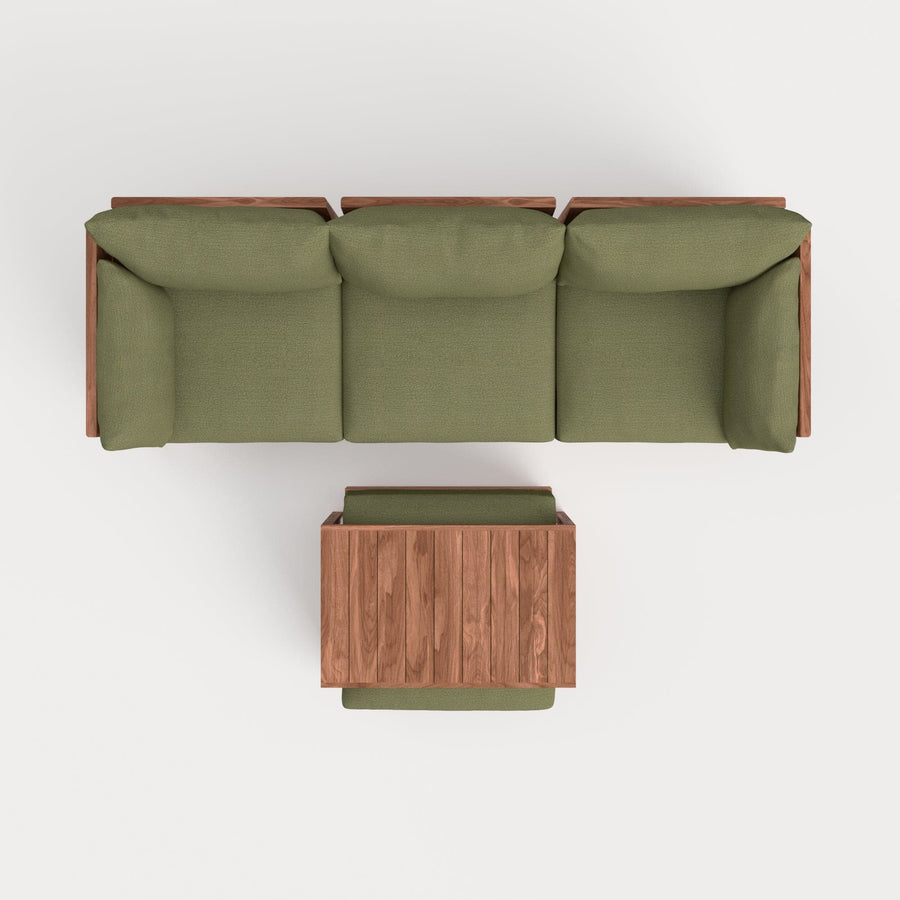 Modular Teak Outdoor Sofa with Ottoman + Side Table  | Sun Crossweave in Olivine