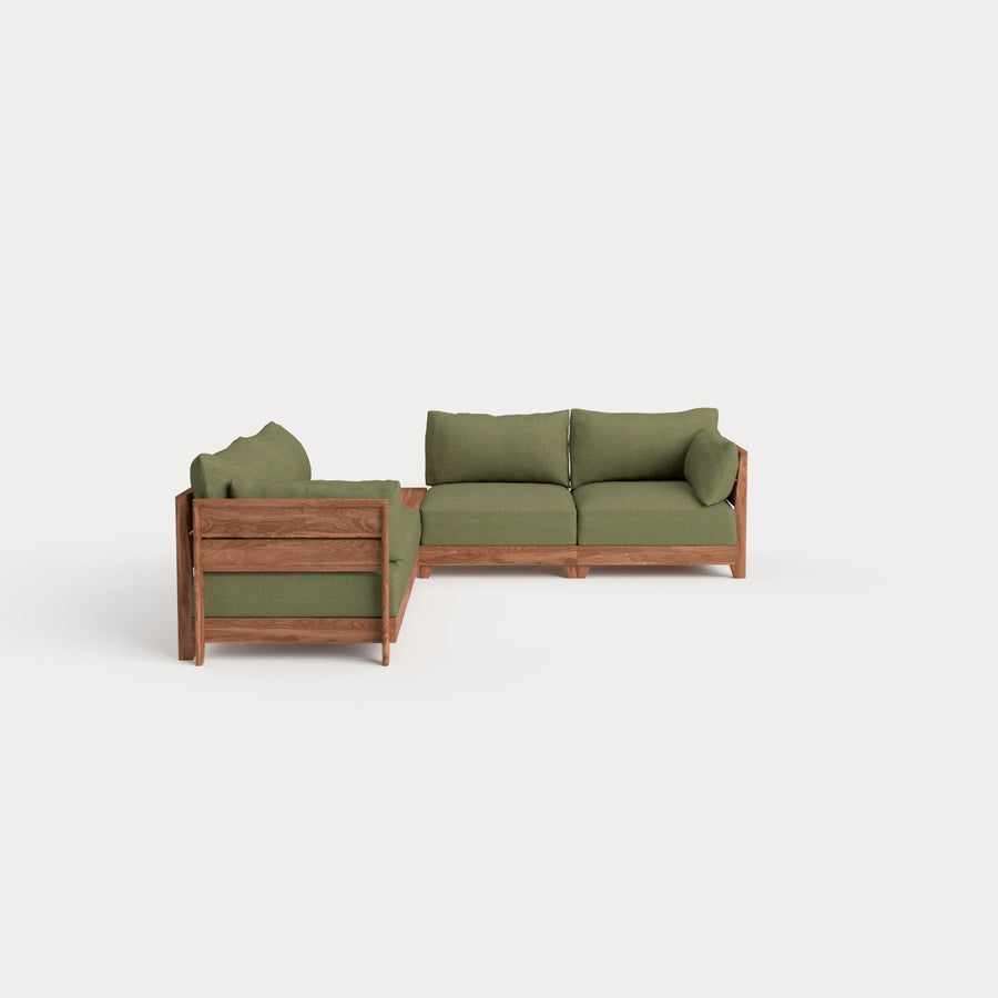 Modular Teak Outdoor 4-Seater L-Sectional + Storage Coffee Table | Sun Crossweave in Olivine