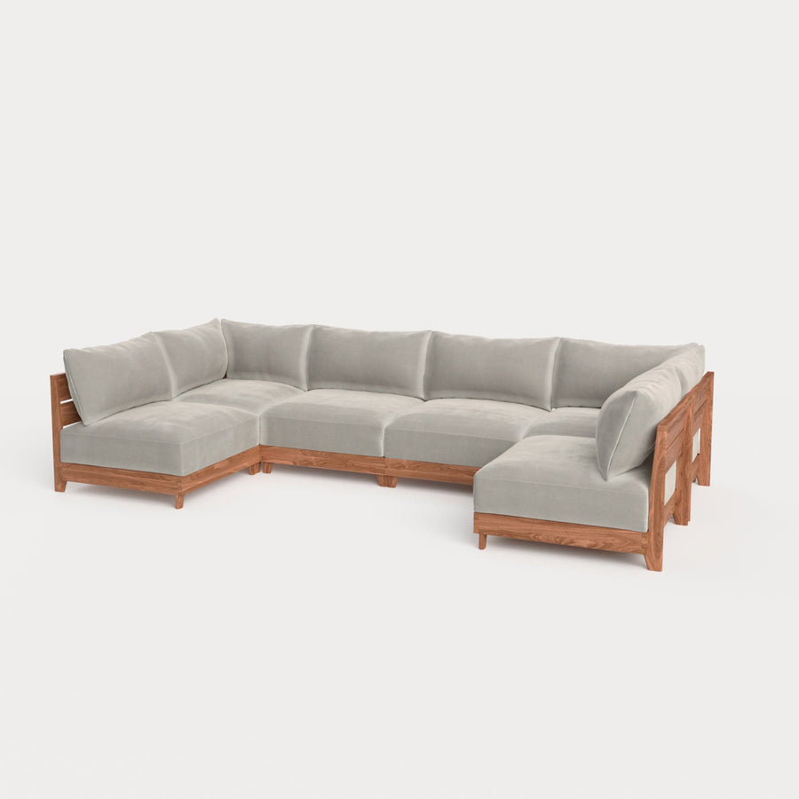 Modular Teak Outdoor 6-Seater U-Sectional | Plush Velvet in Silk