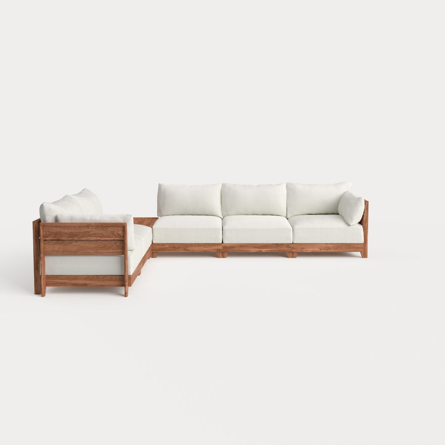 Dwell™ Modular Teak Outdoor 5-Seater L-Sectional + Storage Coffee Table  | Classic Canvas in Cloud