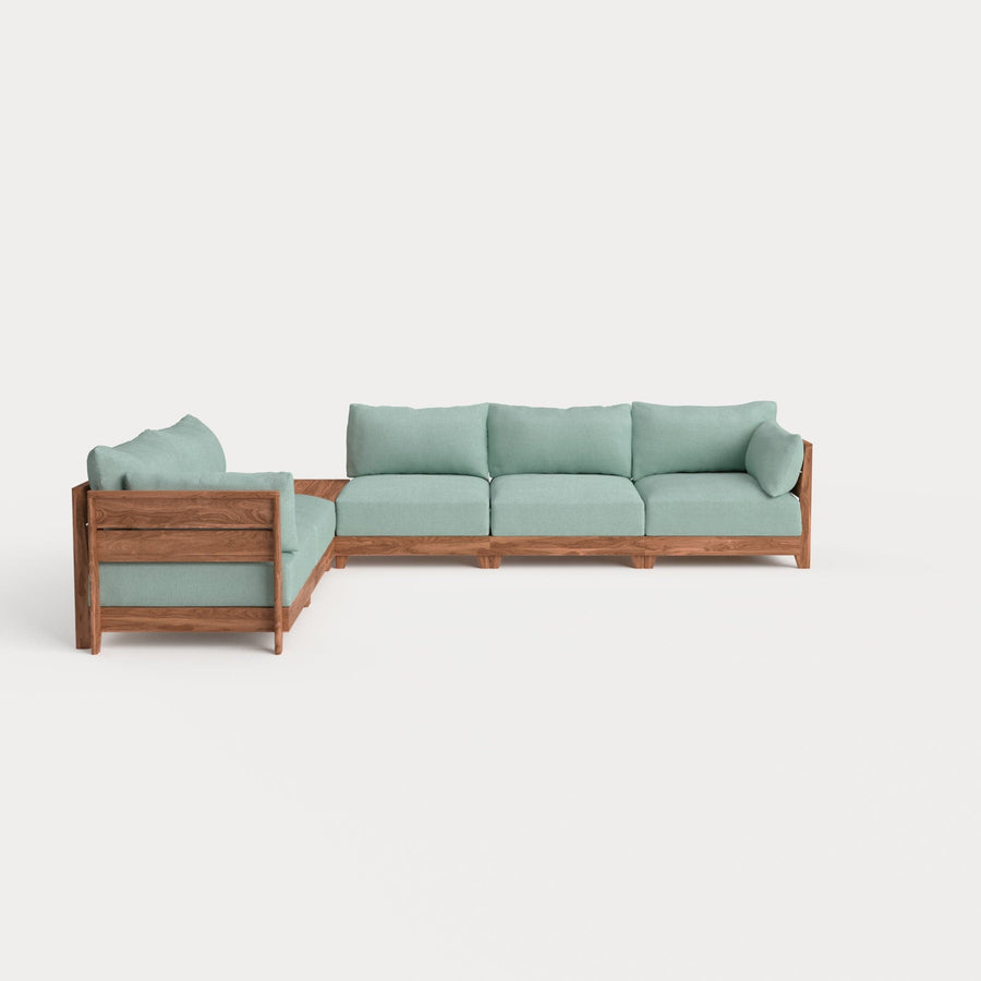 Dwell™ Modular Teak Outdoor 5-Seater L-Sectional + Storage Coffee Table  | Classic Canvas in Seaglass