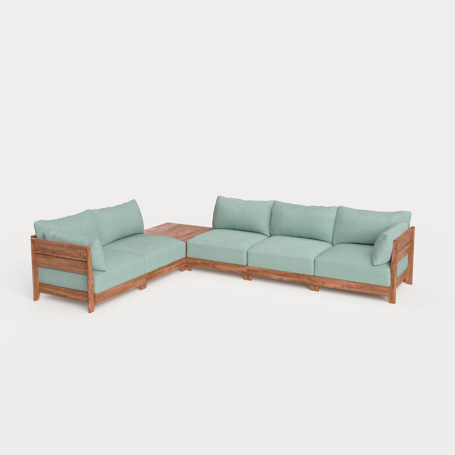 Dwell™ Modular Teak Outdoor 5-Seater L-Sectional + Storage Coffee Table  | Classic Canvas in Seaglass