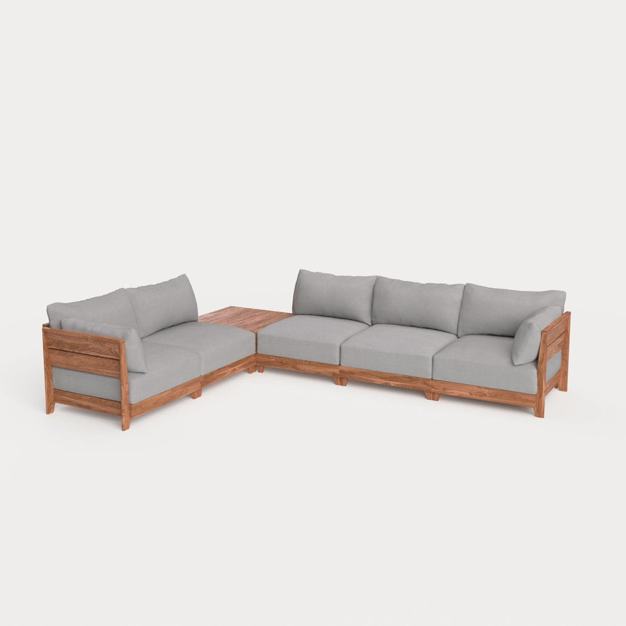 Dwell™ Modular Teak Outdoor 5-Seater L-Sectional + Storage Coffee Table  | Classic Canvas in Stone Gray