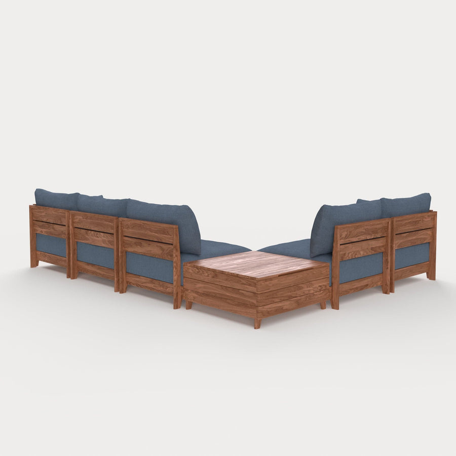 Dwell™ Modular Teak Outdoor 5-Seater L-Sectional + Storage Coffee Table  | Classic Canvas in Ocean