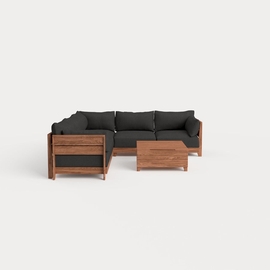 Dwell™ Modular Teak Outdoor 5-Seater L-Sectional with Storage Coffee Table  | Classic Canvas in Charcoal