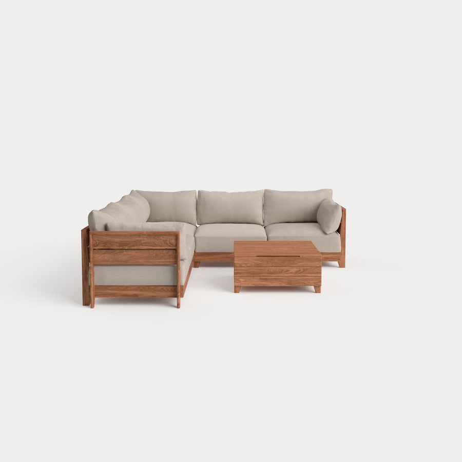 Dwell™ Modular Teak Outdoor 5-Seater L-Sectional with Storage Coffee Table  | Classic Canvas in Sand