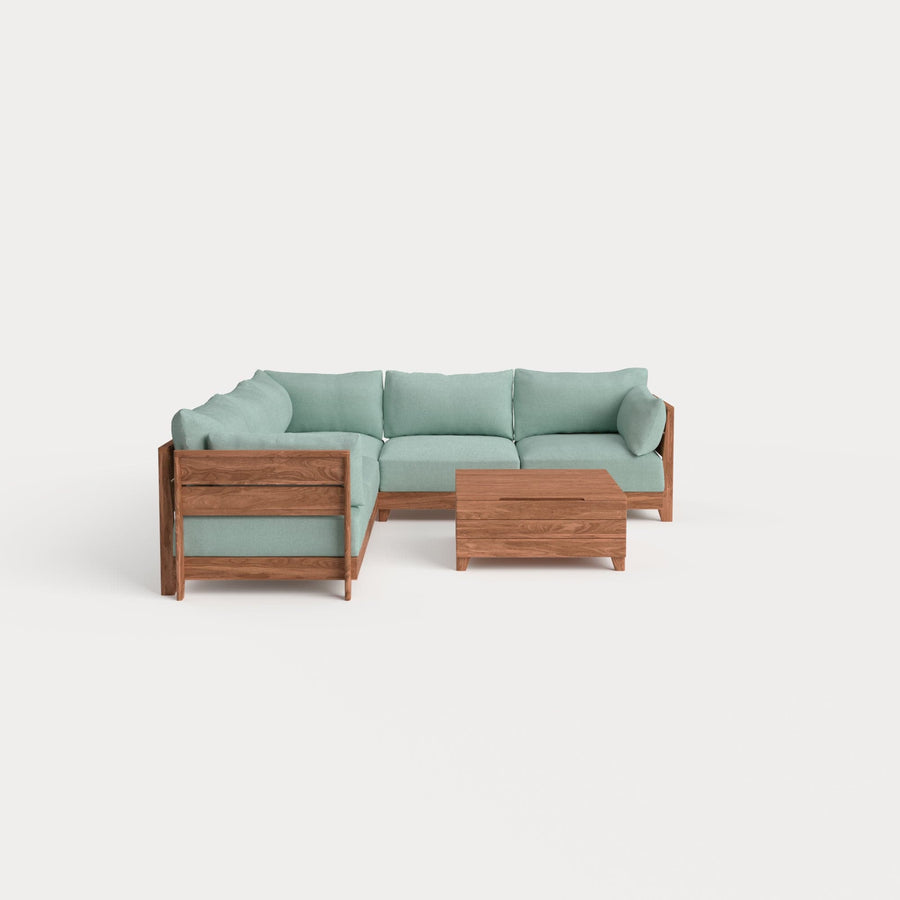 Dwell™ Modular Teak Outdoor 5-Seater L-Sectional with Storage Coffee Table  | Classic Canvas in Seaglass