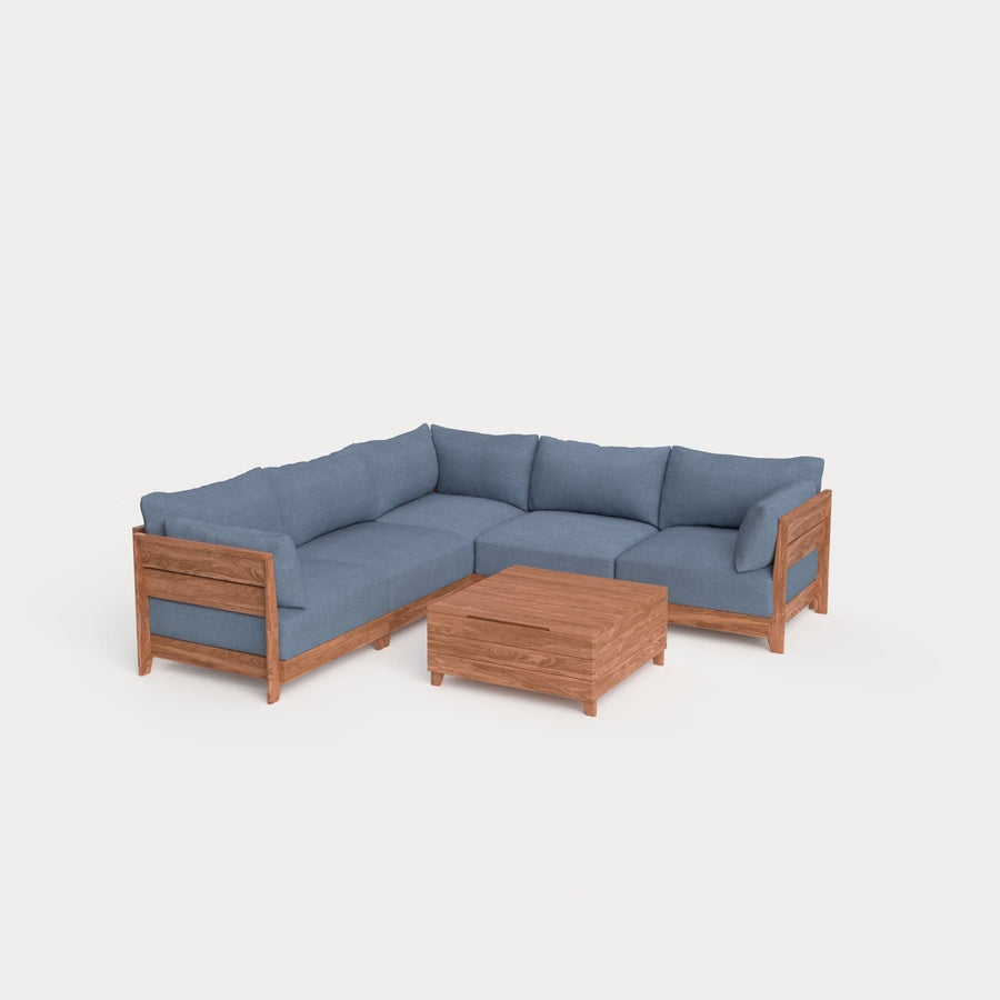 Dwell™ Modular Teak Outdoor 5-Seater L-Sectional with Storage Coffee Table  | Classic Canvas in Ocean