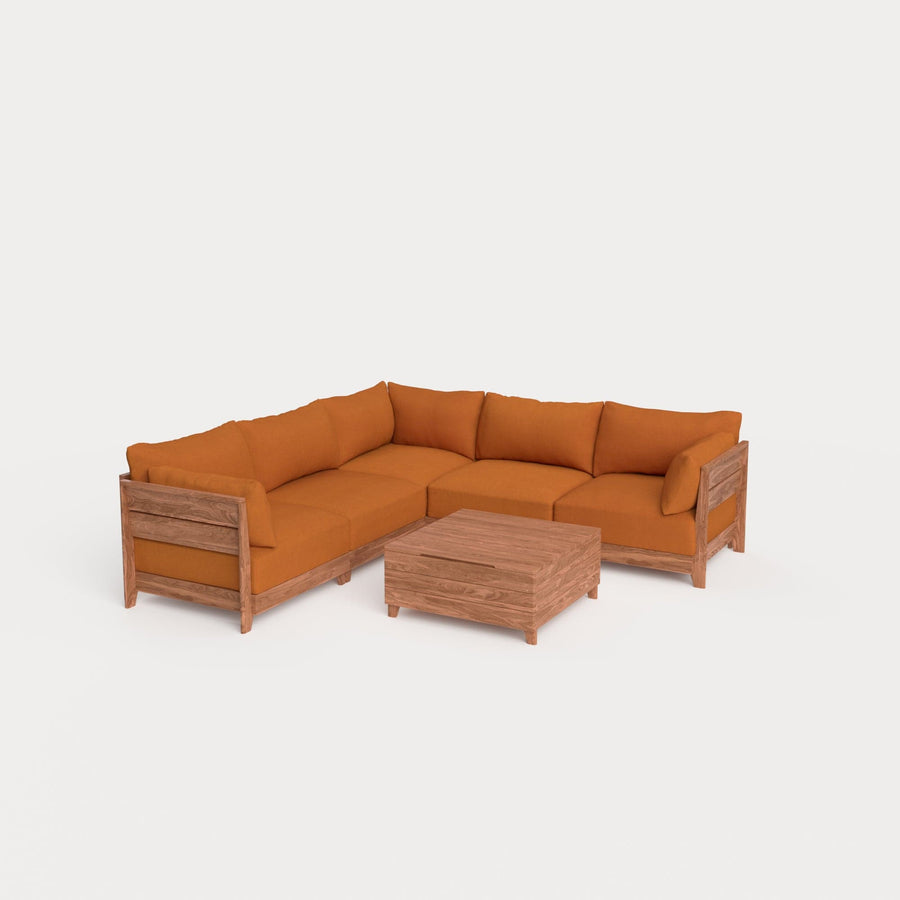 Dwell™ Modular Teak Outdoor 5-Seater L-Sectional with Storage Coffee Table  | Classic Canvas in Rust