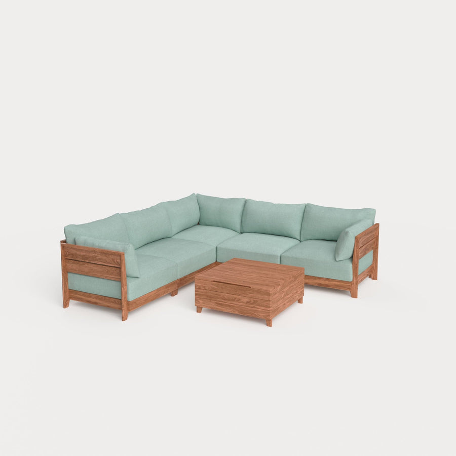 Dwell™ Modular Teak Outdoor 5-Seater L-Sectional with Storage Coffee Table  | Classic Canvas in Seaglass