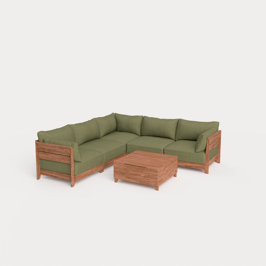 Modular Teak Outdoor 5-Seater L-Sectional with Storage Coffee Table  | Sun Crossweave in Olivine