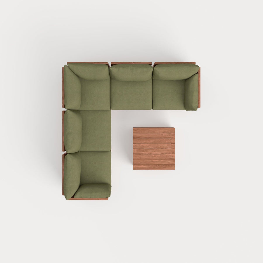 Modular Teak Outdoor 5-Seater L-Sectional with Storage Coffee Table  | Sun Crossweave in Olivine