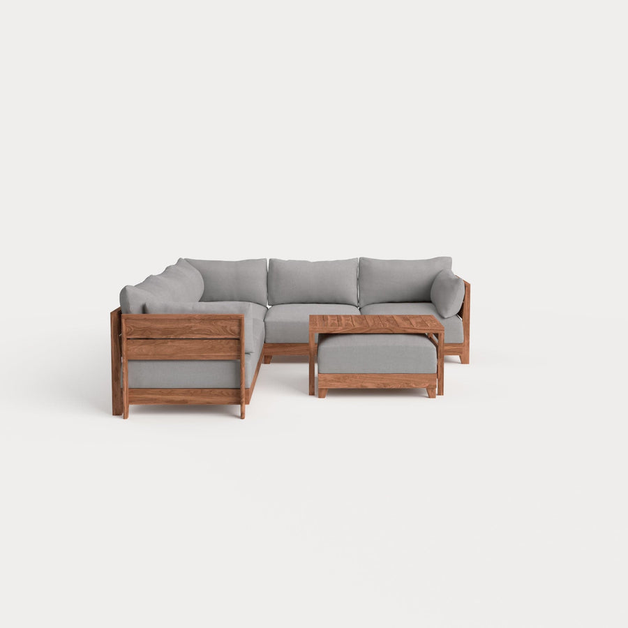 Dwell™ Modular Teak Outdoor 5-Seater L-Sectional with Ottoman + Side Table | Classic Canvas in Stone Gray