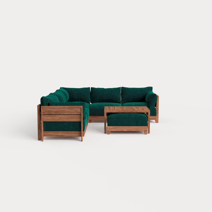 Modular Teak Outdoor 5-Seater L-Sectional with Ottoman + Side Table | Plush Velvet in Muzo