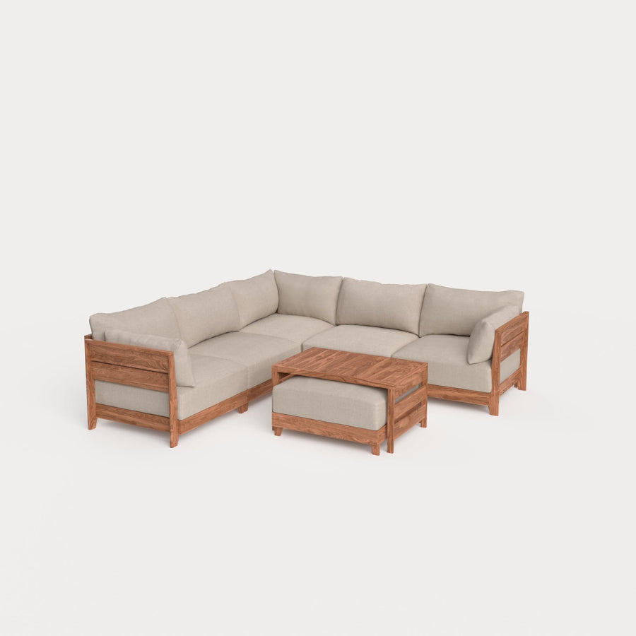 Dwell™ Modular Teak Outdoor 5-Seater L-Sectional with Ottoman + Side Table | Classic Canvas in Sand