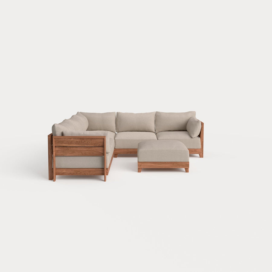 Dwell™ Modular Teak Outdoor 5-Seater L-Sectional + Ottoman | Classic Canvas in Sand