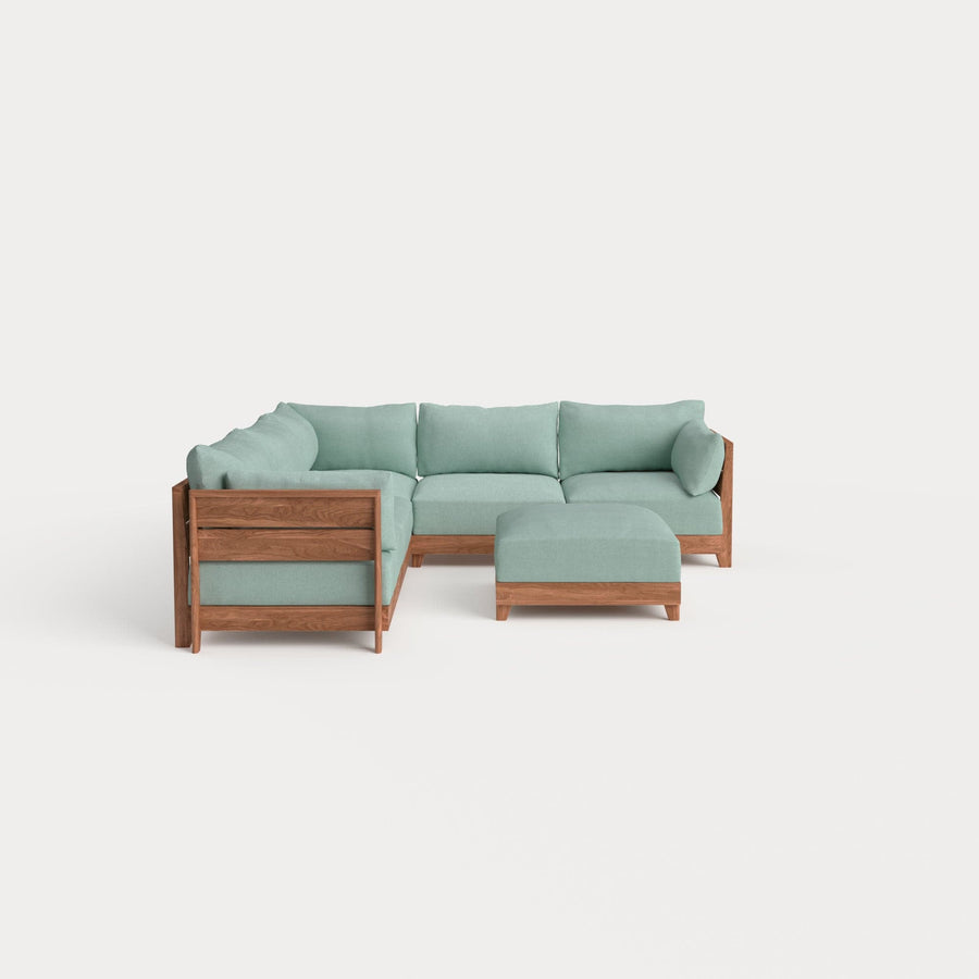 Dwell™ Modular Teak Outdoor 5-Seater L-Sectional + Ottoman | Classic Canvas in Seaglass