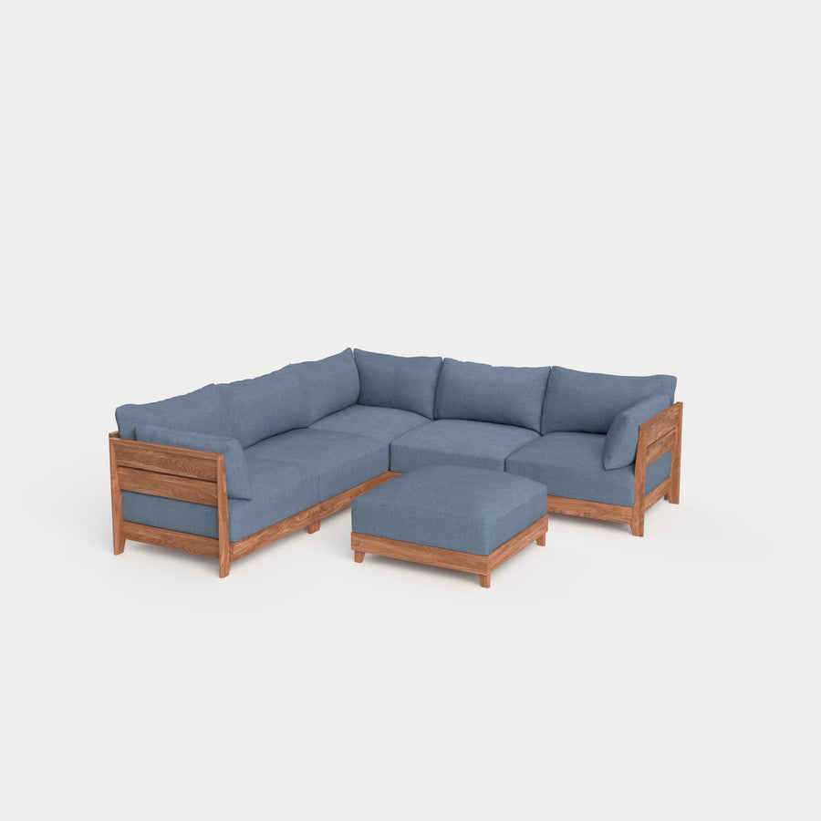 Dwell™ Modular Teak Outdoor 5-Seater L-Sectional + Ottoman | Classic Canvas in Ocean
