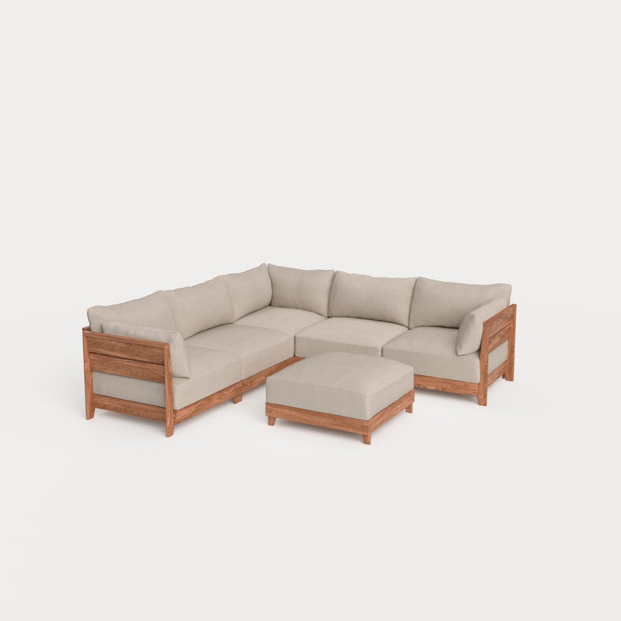 Dwell™ Modular Teak Outdoor 5-Seater L-Sectional + Ottoman | Classic Canvas in Sand
