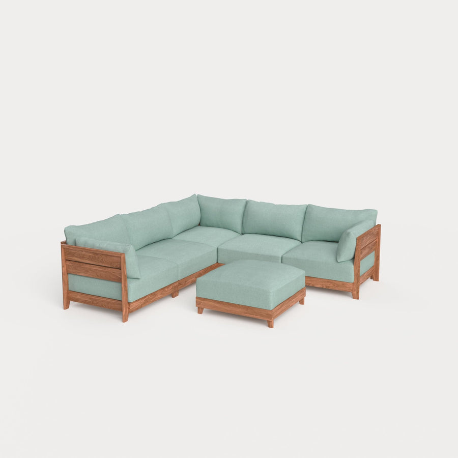 Dwell™ Modular Teak Outdoor 5-Seater L-Sectional + Ottoman | Classic Canvas in Seaglass