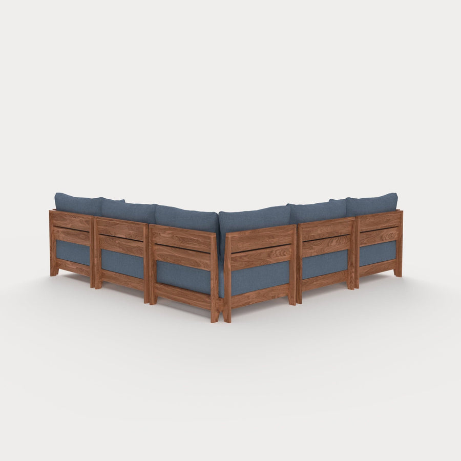 Dwell™ Modular Teak Outdoor 5-Seater L-Sectional + Ottoman | Classic Canvas in Ocean
