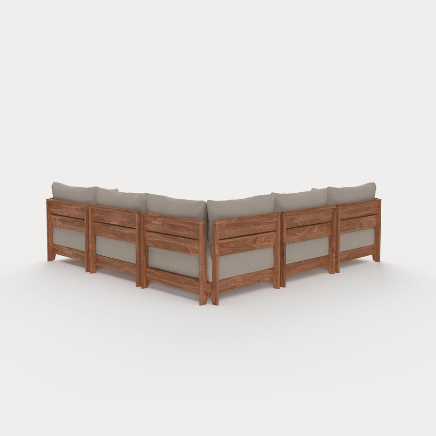 Dwell™ Modular Teak Outdoor 5-Seater L-Sectional + Ottoman | Classic Canvas in Sand