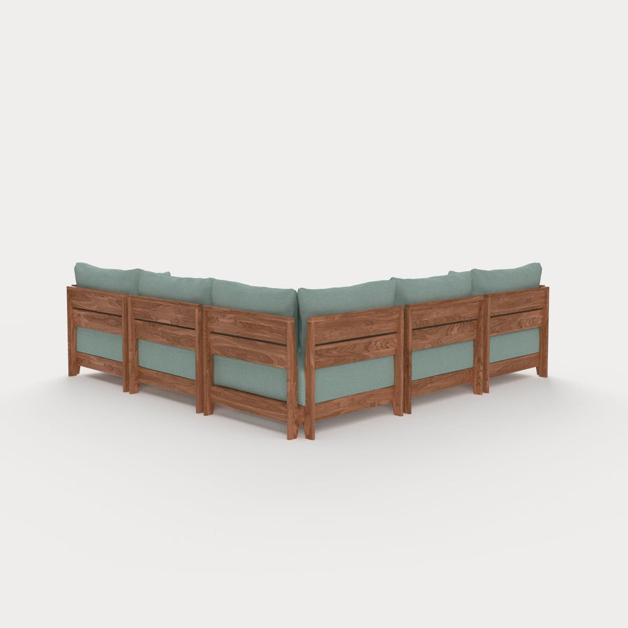 Dwell™ Modular Teak Outdoor 5-Seater L-Sectional + Ottoman | Classic Canvas in Seaglass