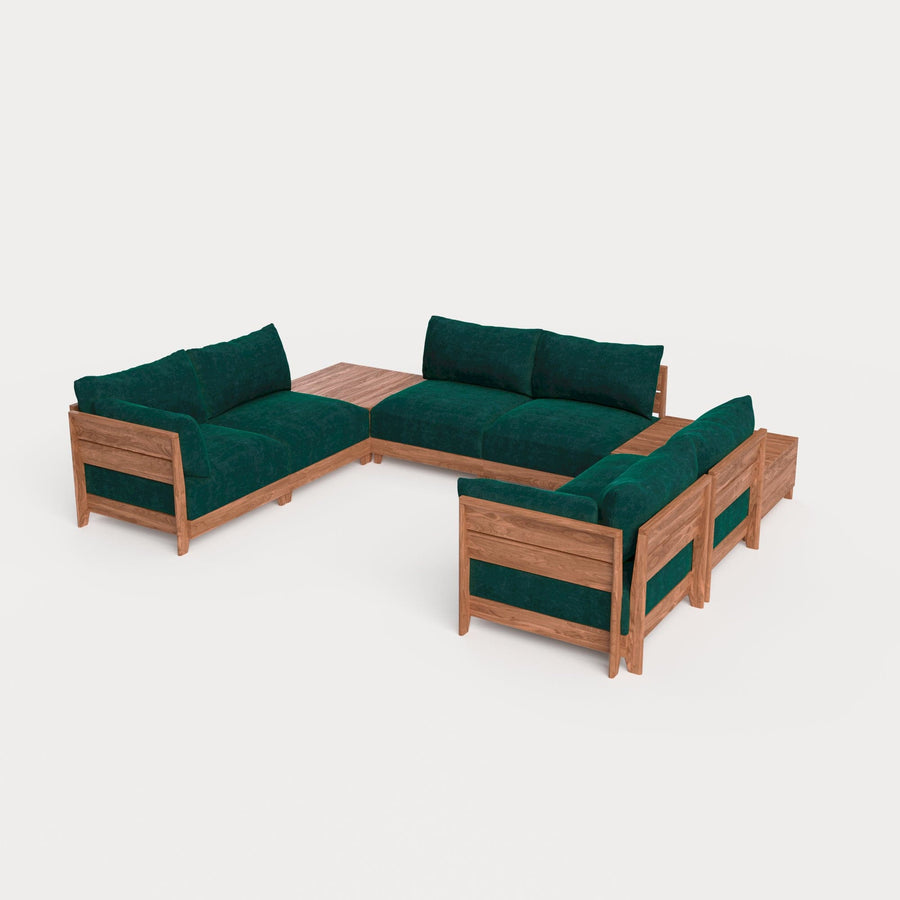 Modular Teak Outdoor 6-Seater U-Sectional + Storage Coffee Tables | Plush Velvet in Muzo